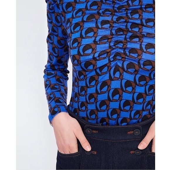 DVF Merino Wool Mod 60s Geo Print Puff Long Sleeve Ruched Turtleneck Sweater M - Picture 8 of 14